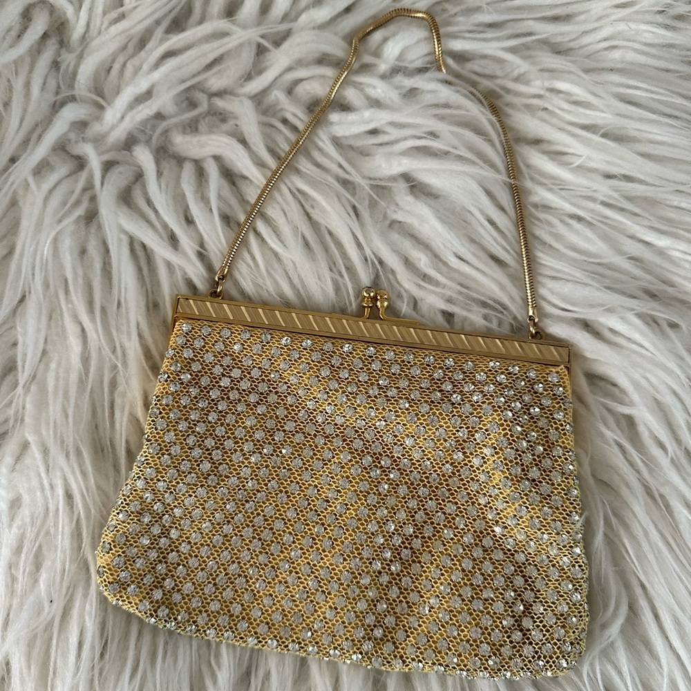 VTG hand beaded‎ gold gemstone sparkling purse tiny petite evening handbag